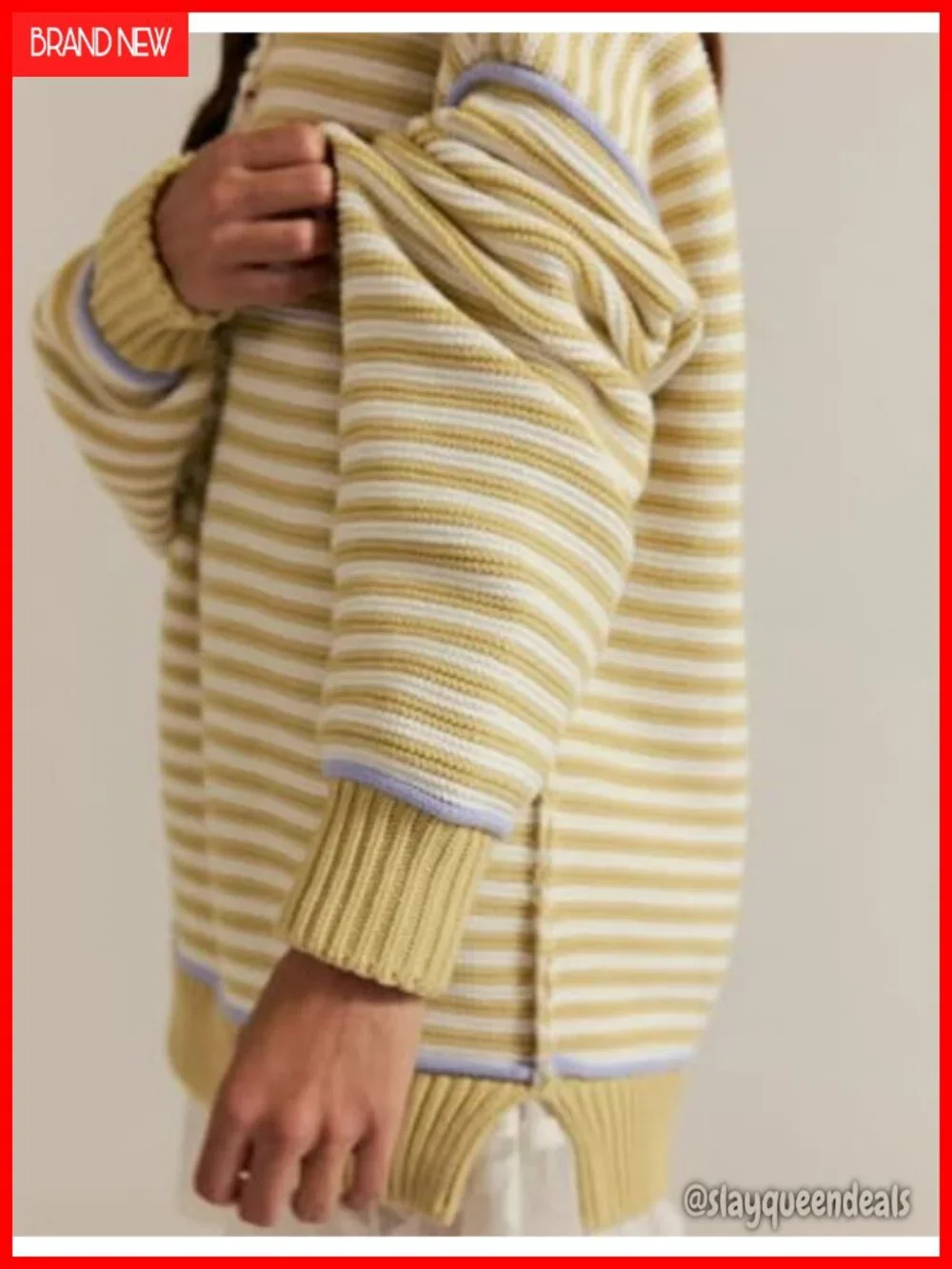 Oversized Striped Knit Pullover Sweater, Cotton-Acrylic Blend, Long Sleeve,